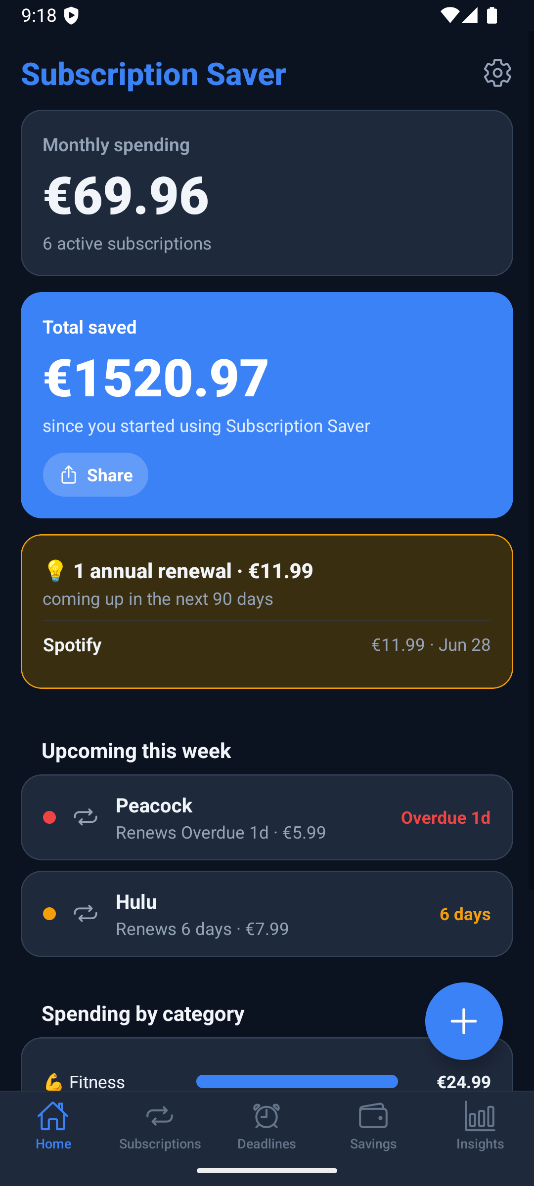 Subscription Saver dashboard